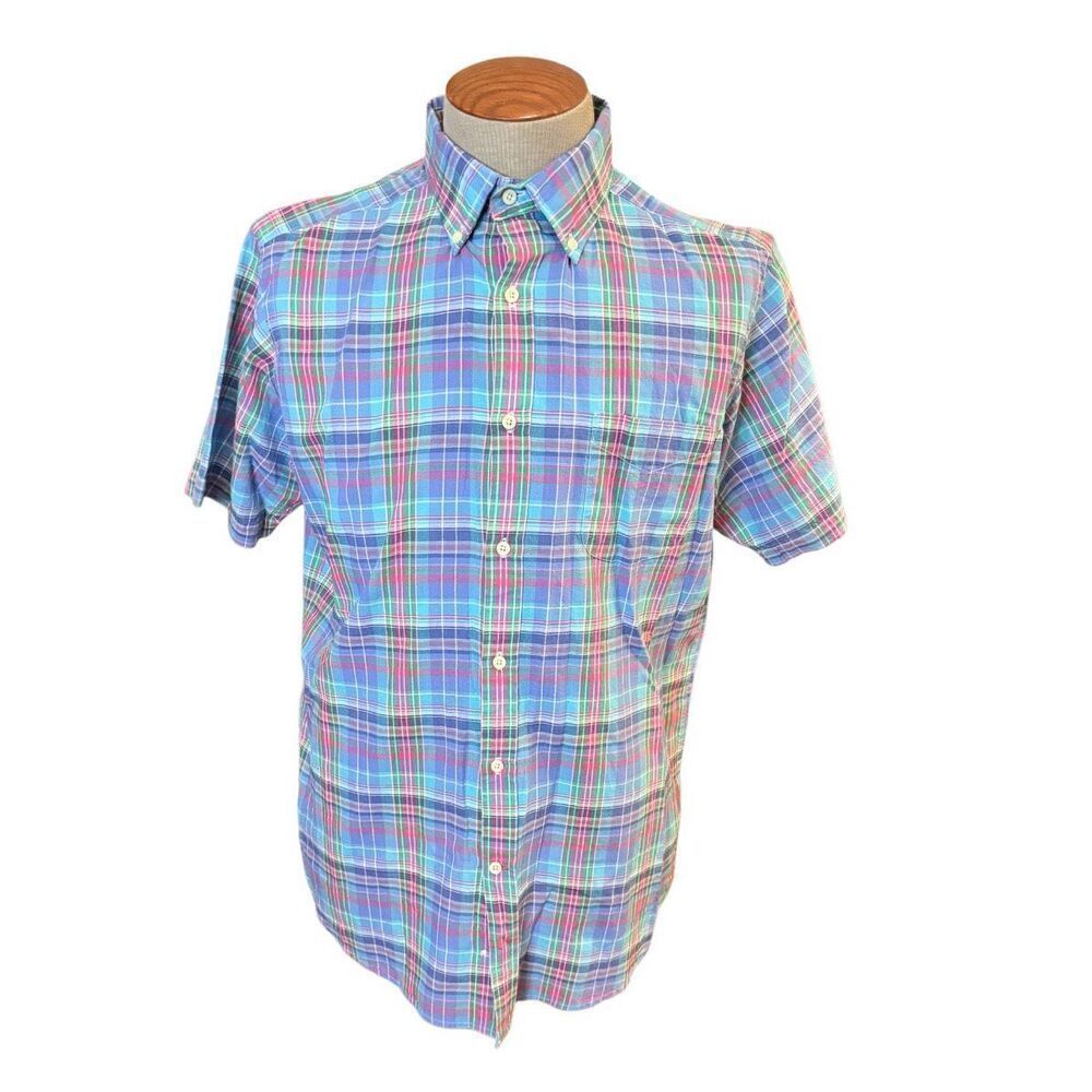Cremieux Collection Bright Blue Plaid S/S Men's Shirt Large Resort Vacation